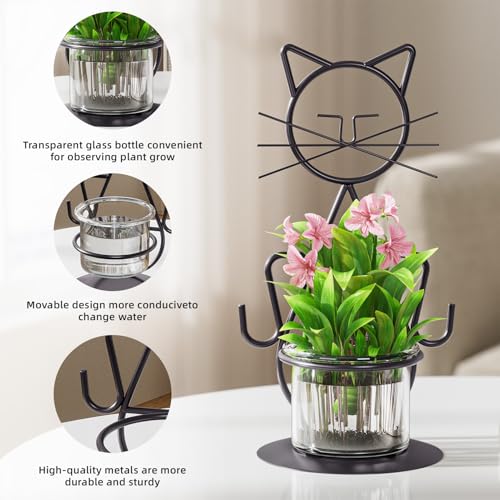 Marbrasse Plant Propagation Station, Cat Plant Terrarium with Metal Stand, Glass Planter Hydroponic Vase Birthday Gifts for Women Home Office Garden Decor Terrarium Supplies - color: Jklw-hand Cat
