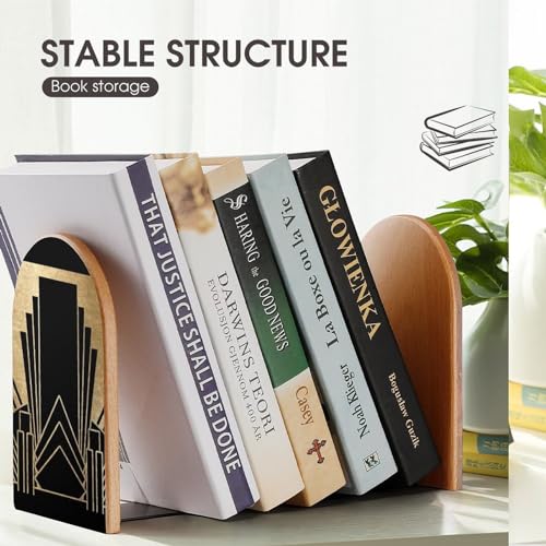 Wooden Bookends 2 Pcs,Art Deco Design Heavy Duty Office Book Ends Anti Slip Book Shelf Holder with Metal Base Decorative Book Stands - color: Art Deco Design