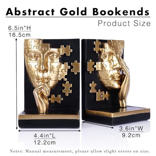 Gold Abstract Face Bookends Set,Modern Thinker Bookshelf Decorative Bookends,Cool Black Gold with Puzzle Design,for Shelves, Desk & Home Office Decor Accessories