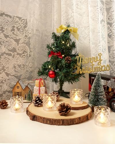 Homemory 2" x 2" Acrylic Votive Candle Holders with Auto Timer Flameless Led Tealight, Battery Powered Fake Electric Candles for Wedding Centerpiece, Table, Christmas Decor (6Pack, Clear Base) - color: Clear, size: 6 Pack
