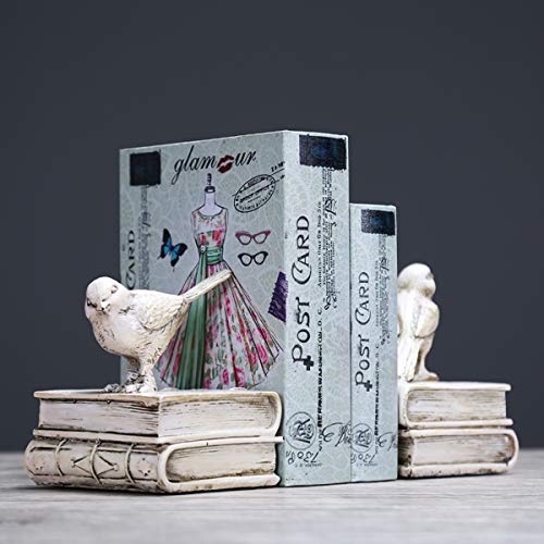 Home Decorative White Birds & Books Vintage Design Resin Bookshelf Bookends,Paper Weights, Book Ends,Bookend Supports, Book Stoppers, Set of 2