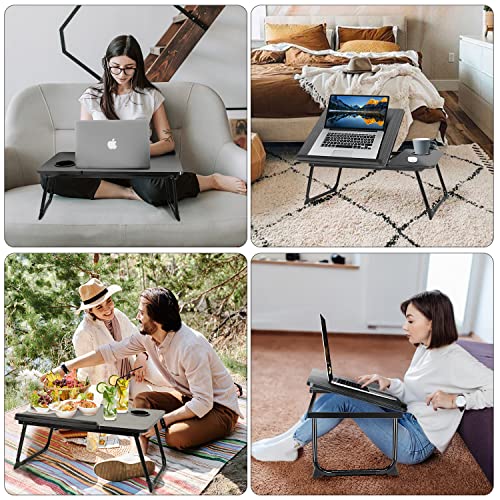 Laptop Desk for Bed Couch,Lap Desk for Laptop,Portable Laptop Stand for Desk,Small Adjustable Laptop Desk,Foldable Bed Table for Laptops and Writing, Bed Tray Table with Cup Holder(Black) - color: Black