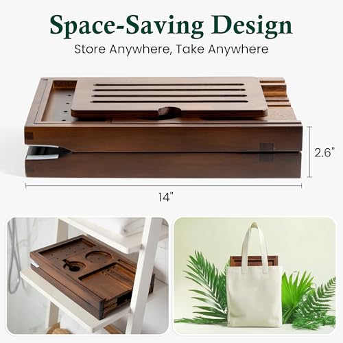 Teak Bathtub Tray, Bath Caddy with Wine Glass Holder, Phone Dock & Book Stand | Hands-Free Reading & Ultimate Spa Relaxation Experience-Brown - color: Classic Brown Teak