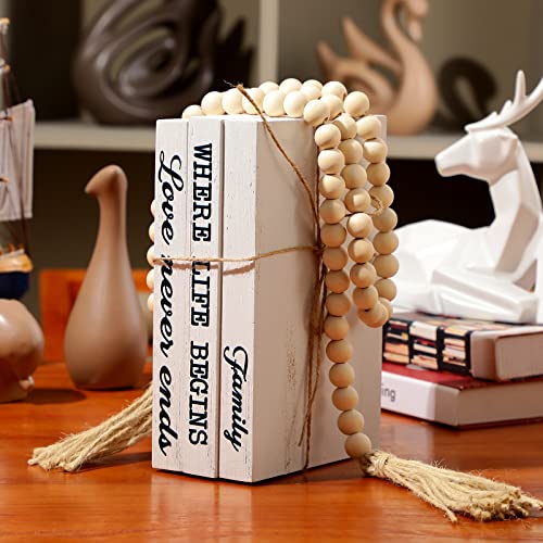 Jetec 3 Pcs Decorative Display Books Hardcover White Home Decor Coffee Table Faux Farmhouse Stacked Fake Decorative Books with Wood Bead Tassels for Shelves Kitchen, 58 Inch, Family Where Life Begins - style: Family Where Life Begins