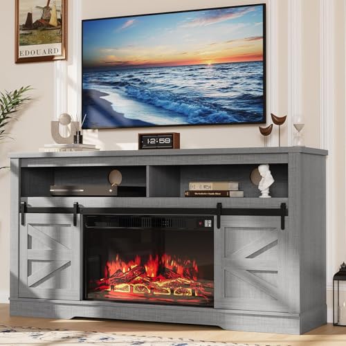 YESHOMY Fireplace TV Stand for Television up to 65+ Inch with Storage and Farmhouse Sliding Barn Doors, Entertainment Center with Cabinet and Shelves, Media Console for Living Room,Rustic Gray - color: Rustic Gray, style: Sliding Barn Doors Fireplace TV S