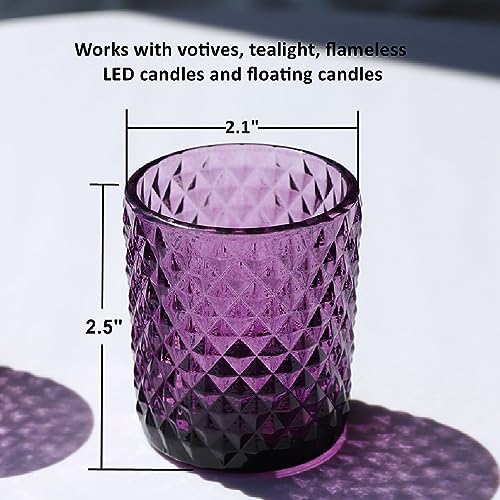 Woho 24pcs Purple Votive Candle Holders, Glass Tea Lights Candle Holder for Wedding Table Centerpiece, Studded Diamond Tealight Candle Holder for Tealight Candles/Votive Candles - color: Deep Purple