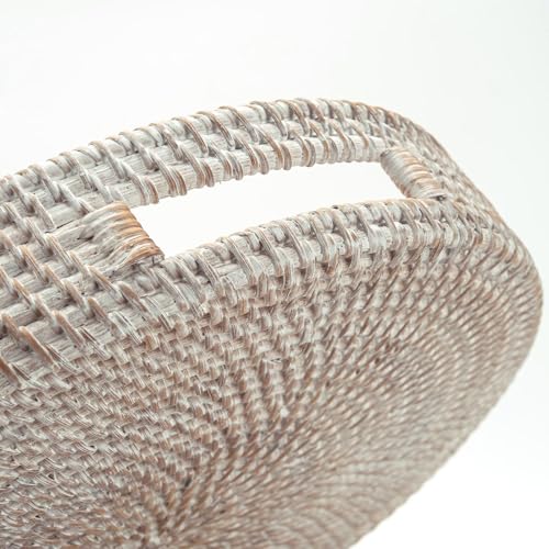 11.8" Round Rattan Tray, Hand Woven Serving Tray with Handles, Wicker Serving Basket, Decorative Tray for Home Decor, Whitewash - color: Whitewash, size: 11.8"