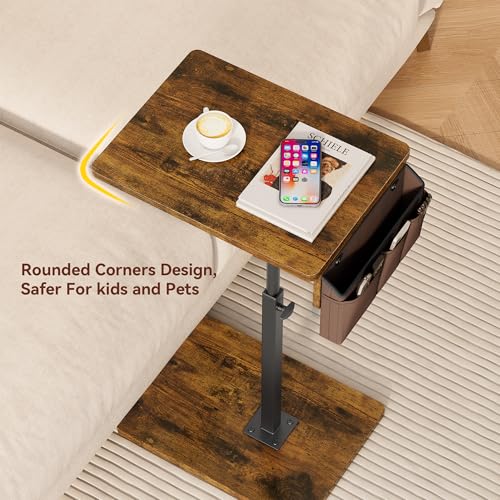 Vagusicc Sofa Armrest Tray Table for Couch, 360° Swivel Height Adjustable TV Tray Table for Small Spaces, Snack Side Table for Couch, Bed, Chair, C Shaped End Side Table for Eating, Reading, Laptop - color: Rustic Brown, style: With Storage Bag