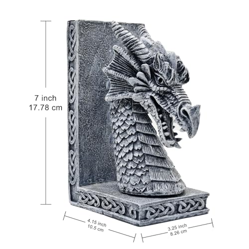Dragon Bookends for Shelves Set of 2 - Heavy Book Ends Book Supports for Shelves - 4.15 "x 3.25 "x7 Unique Dragon Design Grey（10 Inch - color: Gray
