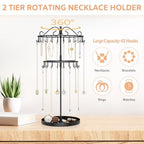 iDavosic.ly 2 Tier Rotating Necklace Organizer with Jewelry Tray, Adjustable Metal Necklace Holder with 42 Hooks, Extra Tall Bracelet Keychain Spinning Display Stand Tree Tower for Women, Black - color: Black with Tray