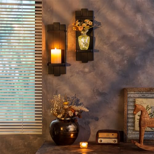 Candle Sconces Black Wall Decor Set of 2 - Wood Wall Candle Holders Set of Two for Small Plants Pillar Candles Tealight - Gothic Distressed Decor for Living Room - color: Black, size: 15.7in x 5.1in