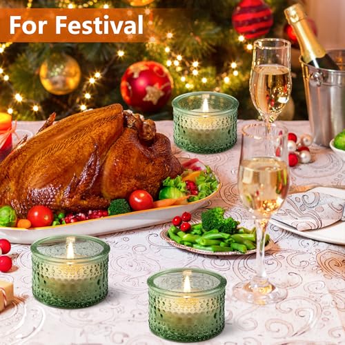 JOYIT Green Votive Candle Holders Bulk Set of 4, Tealight Candle Holder for Wedding Table Centerpiece, Glass Small Candle Holders for Birthday Party, Valentine's Day, Home Decor (2''X 1.4'') - color: Embossed_green