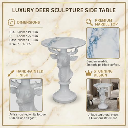 Modern Accent TableLiving Room White Deer Statue Contemporary‌ Faux Marble Night Stand Side Table with White Deer Base Reception Area & Bedroom（Width 19.69" ——Tall 25.59"） - style: White Deer Statue Table