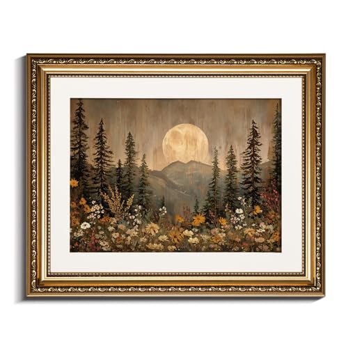 InSimSea Gold Picture Framed Wall Art, Living Room Vintage Nature Forest Wall Decor, Dark Moon Landscape Canvas Print Art, Home Farmhouse Decor, Antique Paintings with Frame 13x16inch - color: Full Moon Day, size: 16"L x 13"W