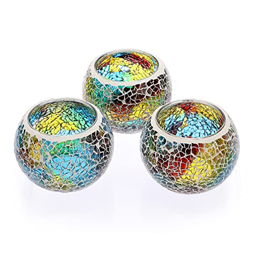 OwnMy Set of 3 Colorful Mosaic Glass Tea Light Holders Round Bowl Votive Candle Holders Pillar Candle Stands, Glass Mosaic Tealight Holders Potted Plant Bowl Vase Candle Centerpiece for Table Wedding - color: Rainbow