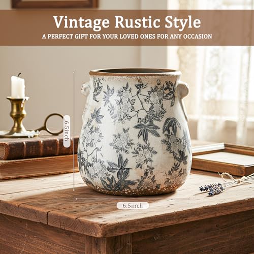 Ceramic Scroll Planter 6.5 Inch Chinoiserie Floral Vase with Drainage Holes Vintage Flower Vase Flower Pot Rustic Ceramic Pots for Indoor Plants Garden Home Bookshelf Decor(Retro Gray) - style: Retro Gray