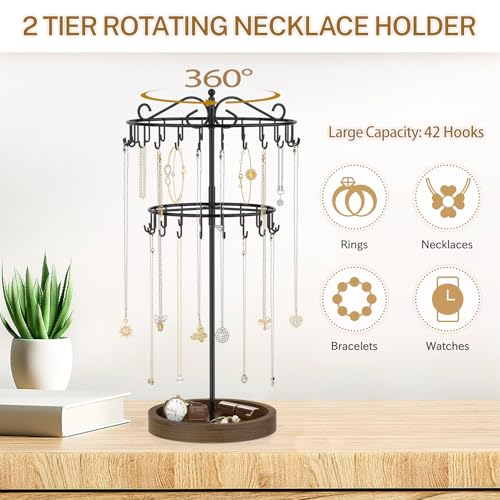 iDavosic.ly 2 Tier Rotating Necklace Holder Organizer with Wooden Jewelry Tray, Adjustable Metal Bracelet Display Stand with 42 Hooks, Extra Tall Keychain Spinning Tree Tower for Women, Black - color: Black with Wooden Tray