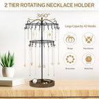 iDavosic.ly 2 Tier Rotating Necklace Holder Organizer with Wooden Jewelry Tray, Adjustable Metal Bracelet Display Stand with 42 Hooks, Extra Tall Keychain Spinning Tree Tower for Women, Black - color: Black with Wooden Tray