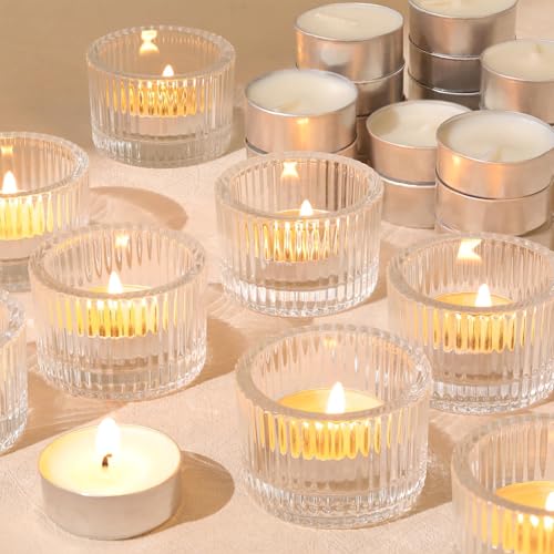 HAVITI 36 Pcs Clear Tealight Candle Holders with 36PCS Tea Lights Candles, Glass Votive Candle Holders Set for Table Centerpiece, Home Decor and Party Supplies - color: Clear
