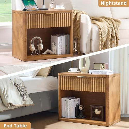 LEYAOYAO 31" Wide Fluted Nightstand with Charging Station, Oversized Extra Large 1 Drawer Night Stand with Golden Handle, Brown Wood Bedside Table Tall End Tables,for Bedroom, Living Room, Hallway - color: Brown, size: 1 Drawers