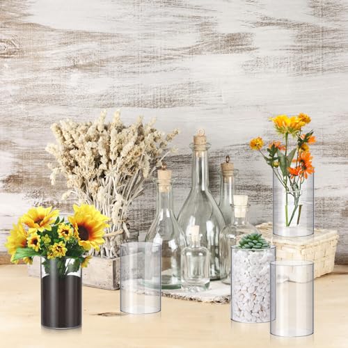 Vesici 20 Pcs Plastic Cylinder Vase Acrylic Cylinder Vase Bulk Small Clear Flower Container Hurricane Candle Holder Round Wide Container Centerpiece for Home Office Wedding Decorations (6 Inch) - size: 6 Inch