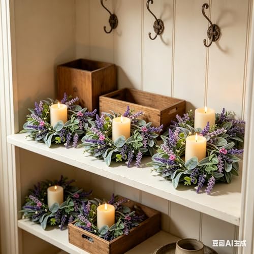 6 Pcs Mini Lavender Candle Rings Wreaths Purple Daisy Pillar Holder Wreath Artificial Wild Flower Spring Summer Floral Wreath for Farmhouse Porch Cabinets Table Decoration - color: Lavender
