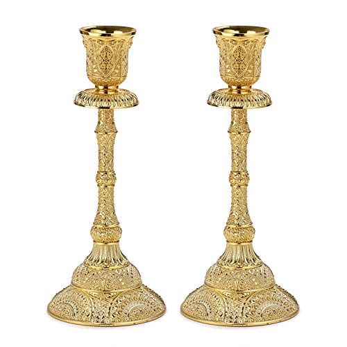 OwnMy Set of 2 Taper Candle Holders Vintage Metal Pillar Candlestick Holders 7.4”, Elegant Brass Candle Stick Holders Decor Candelabra Set for Dining Table Centerpieces Wedding Home Decoration, Gold - color: Golden