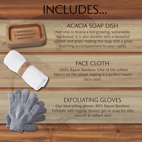 Temple Spring Acacia Wood Bathtub Tray Caddy for Tub — Expandable Bath Tray with Solid Book Stand Wine Holder and Non-Slip Pads — Includes Soap Dish and Spa Accessories — Luxury Hardwood Bath Gift Set - color: Acacia Wood