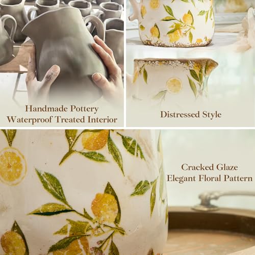 Vintage Lemon Ceramic Vase with Handle, Retro Ice Glazed Crack Farmhouse Pitcher Vase for Home Decor, Living Room, Shelf, Office, Rustic Table Centerpiece 7 Inch - color: Lemon, size: Small Pitcher