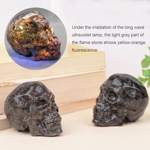 2 Inch Flame Yooperlite Stone Crystal Skulls Decor,Human Skull Sculpture Statues Healing Crystal Decor,Halloween Skull Figurines,Home Office Decoration Christmas Meditation Gifts for Men Women - color: Flame Stone