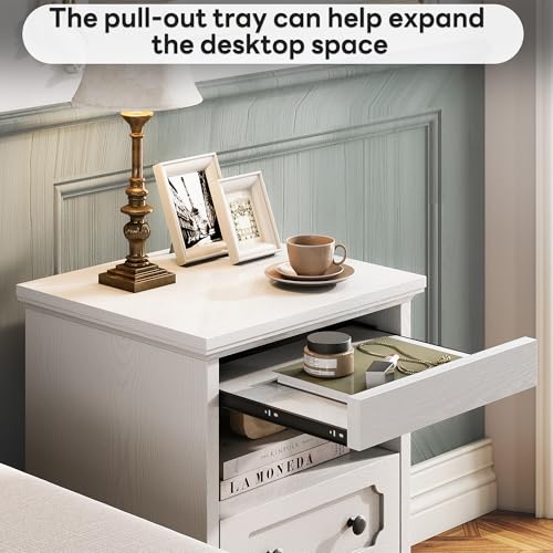 LIKIMIO Night Stand, Modern Bedside Table with 2 Drawers, Open Shelf, End Table with Pull-Out Tray, Wood SideTable, White - color: White