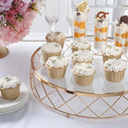 Efavormart 14" Round Gold Metal Geometric Cake Stand with Glass Top - Glossy Metallic Dessert Riser for Cupcake, Pastry and Candy Display Centerpiece