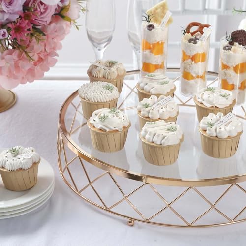 Efavormart 14" Round Gold Metal Geometric Cake Stand with Glass Top - Glossy Metallic Dessert Riser for Cupcake, Pastry and Candy Display Centerpiece