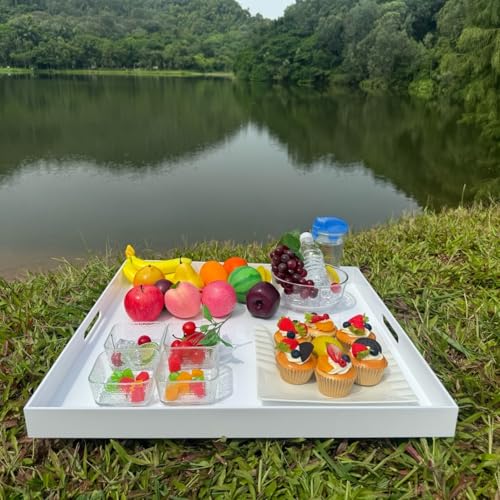 White Acrylic Ottoman Tray with Cutout Handles 24x24 Inch Over-Sized Serving Tray Rubber Boot Organizer Decorative Tray for Living Room, Bedroom,Bathroom Entryway and Kitchen Tabletop - color: White, size: 24" x 24" x 2"