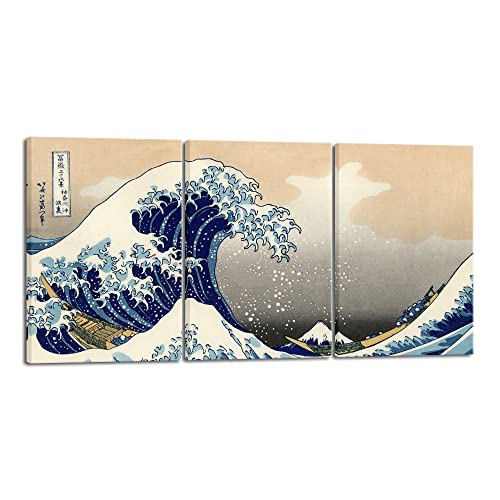 Wieco Art Great Wave of Kanagawa Katsushika Hokusai 3 Piece Modern Stretched Canvas Prints Artwork Abstract Pictures Paintings on Canvas Wall Art for Home Office Decorations Wall Decor - color: Great Wave, size: 16 x 24 inches (Unframed)