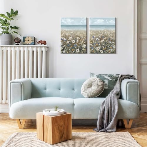 MochaMilly Framed Wall Art Bathroom Décor Boho Beach Coastal Vintage Floral Wall Picture Flower Daisy Flowers by Sea Canvas Print Nautical Small Artwork For Home Farmhouse Living Room Bedroom Office - color: Blue White, size: 24"x16"