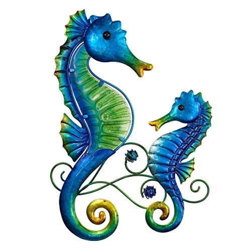 JOYBee Metal Seahorse Family Wall Art Decor-Outdoor Indoor Coastal Hanging Art-Beach Ocean Theme Garden Wall Art Decor for Patio Backyard Yard Fence Pool Bathroom Living Room Wall Decorations - color: Blue Green Seahorse