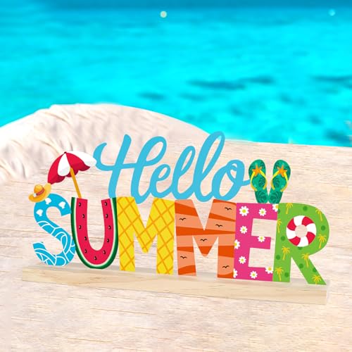 COCHIE Metal Hello Summer Sign, Summer Decorations for Home, Office, Shelf, Mantel, Indoor, Beach Slippers Tabletop Centerpiece Decoration, Watermelon Red Decor (Beach) - style: Beach