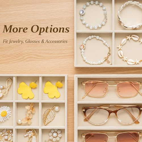 pickpiff Drawer Jewelry Organizer & Display Trays: 2pcs 12grid Velvet Stackable Jewelry Case (13.8x9.4x1.2inch) - Soft Beige Necklace Holder Bracelet Display Watch Box - size: 12 grids + 12 grids