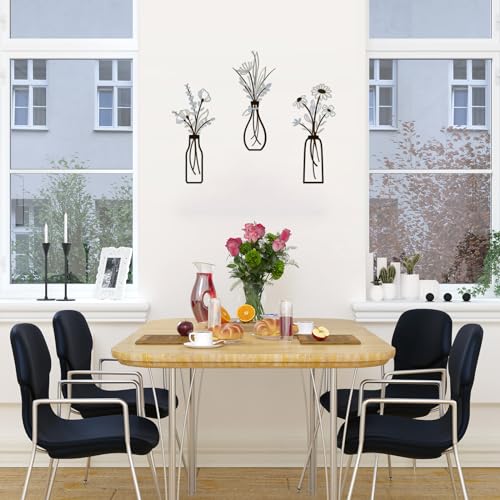 3 Pieces Metal Vase Flowers Wall Arts - Rustic Farmhouse Style Décor Metal Wall Art Black Minimalist Flower Natural Themed Wall Decors for Home Bedroom Dining Room Housewarming (Brown-Blue, Vase-C) - color: Brown-Blue