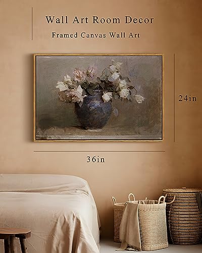 InSimSea Framed Canvas Wall Art Vintage Decor, Retro Floral Rustic Decorations for Living Room, Farmhouse Wall Decor for Living Room Bedroom, 24"x36" - color: Roses in Vase, size: 36"L x 24"W
