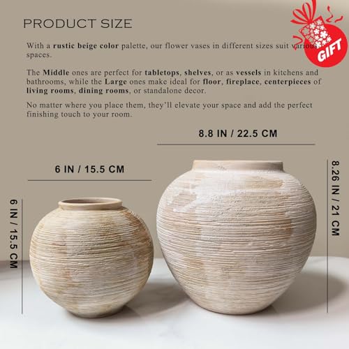 Large Rustic Ribbed Vase Home Decor - 8.8 in Ceramic Vintage Farmhouse Vases for Decor, Decorative Terracotta Round Bowl vase for Living Room, Table, Shelf, Kichen Décor - style: 01 - Large Rustic Ribbed Beige
