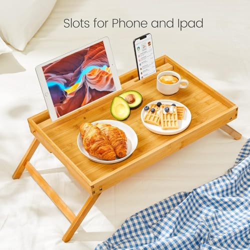 Bamboo Bed Tray Table, Large Breakfast Tray with Folding Legs, Multipurpose Serving Tray Use As Portable Laptop Snack Table, for Working, Eating, Reading by Pipishell - color: Yellow, size: 20.3" x 13.7" x 8.9"