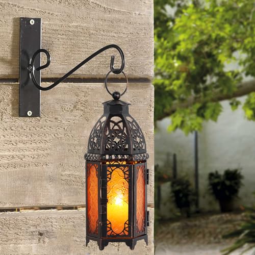 NEEDOMO 11'' Moroccan Lanterns Decorative Indoor & Outdoor, Vintage Christmas Candle Holder, Metal Lanterns Decorative, Table, Patio, Porch, Shelf, Christmas Spring Halloween Home Decor (Amber) - color: Amber, size: Medium
