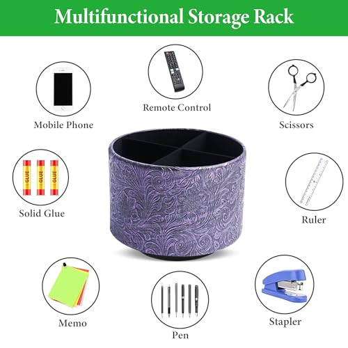 lizimandu Round Leather Art Supply Organizer,Remote Control Holder,360 Degree Spinning,Multi-Functional Pencil Holder,4 Compartments Desktop Stationary Organizer(1-Carved Metal Purple) - color: 1-Carved Metal Purple