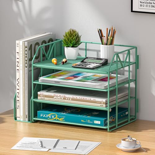 4-Tier Paper File Organizer with Drawer, Metal Desk Organizer, Tiered Paper Tray for Letter/A4 Files, Desktop Office Supplies Storage Rack, Green - color: 4-Tier Green with Bookend