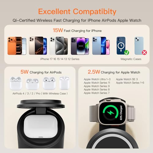 2026 Foldable 3 in 1 Wireless Charging Station,for Apple Magsafe Charger Stand,Fast Magnetic Wireless Charger Station for iPhone 1716 15 14 13 12 Series,Airpods Pro,Apple Watch Ultra Series（Black）