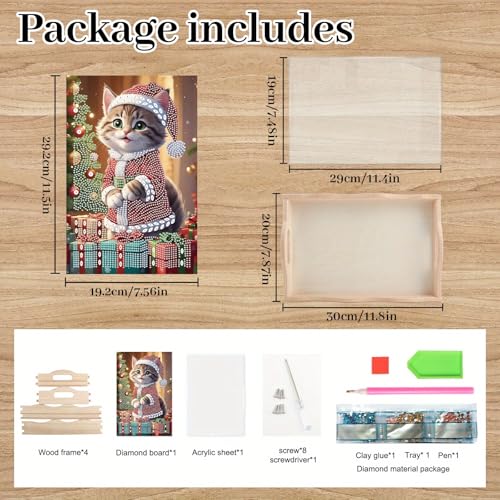 Tontut DIY Diamond Art Tray Wooden Pallet Kits, Christmas Gift Kitten 5D Cartoon Handle Craft Painting kit, Suitable for Home, Party, bar, Christmas, can be Given as a Gift to Relatives, Friends - color: Christmas Cat