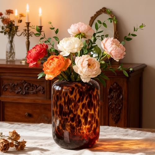 Amber Brown Glass Vase – Round Art Glass Vase with Tortoise Shell Pattern, Hand Blown Wide Mouth Decorative Centerpiece for Living Room, Dining Table or Entryway Home Decor - size: Small