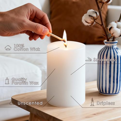 4x6 Inch White Pillar Candles, 2 Packs, 300-Hours Long Burning Time Totally, Unscented Large White Candles for Mantel Decor, Home Holiday Table Decor, Smokeless & Dripless - size: 4x6
